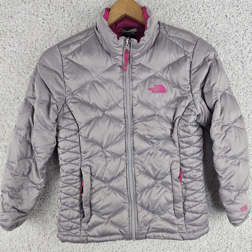 The North Face Girls Large Pink Gray‎ Down 550 Puffer Insulated Winter Coat Zip
